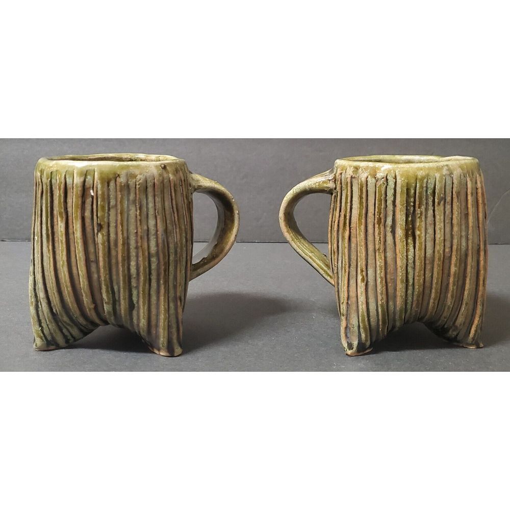 Custom Pottery Coffee Mugs Artisan Original Studio Tripod Pair Unique 10oz Olive